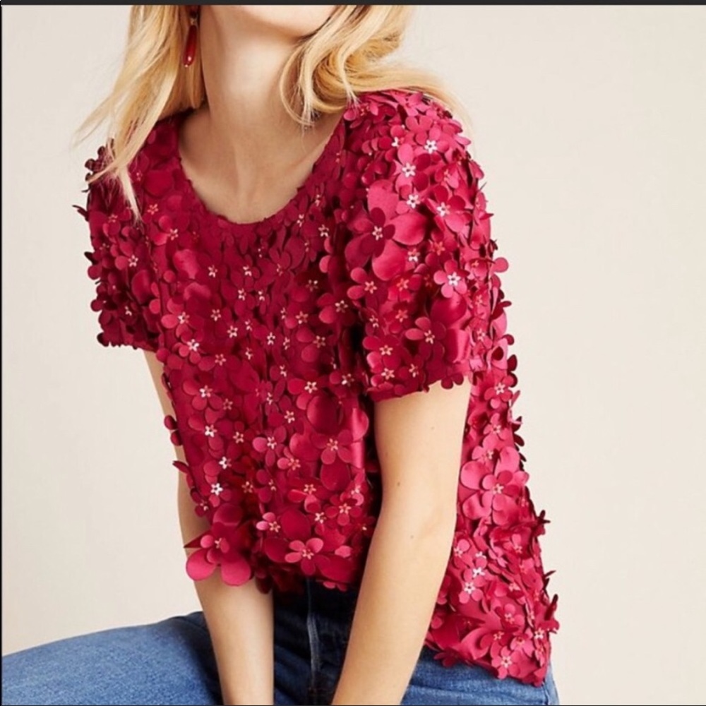 Anthropologie Varun Bahl Rosemarie red floral shirt sleeve top